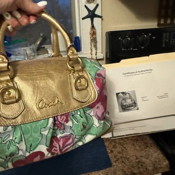 Coach Floral Canvas Satchel with Gold Leather Trim and Pink Blossoms - Picture 3 of 7